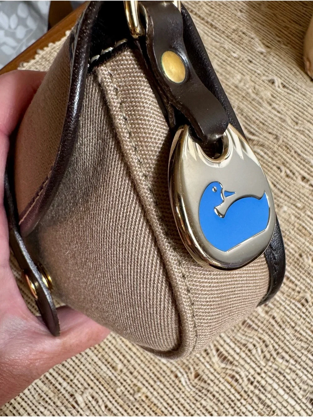 Dooney & Bourke Tan Twill Canvas Flap Wristlet Dark Brown Leather Trim